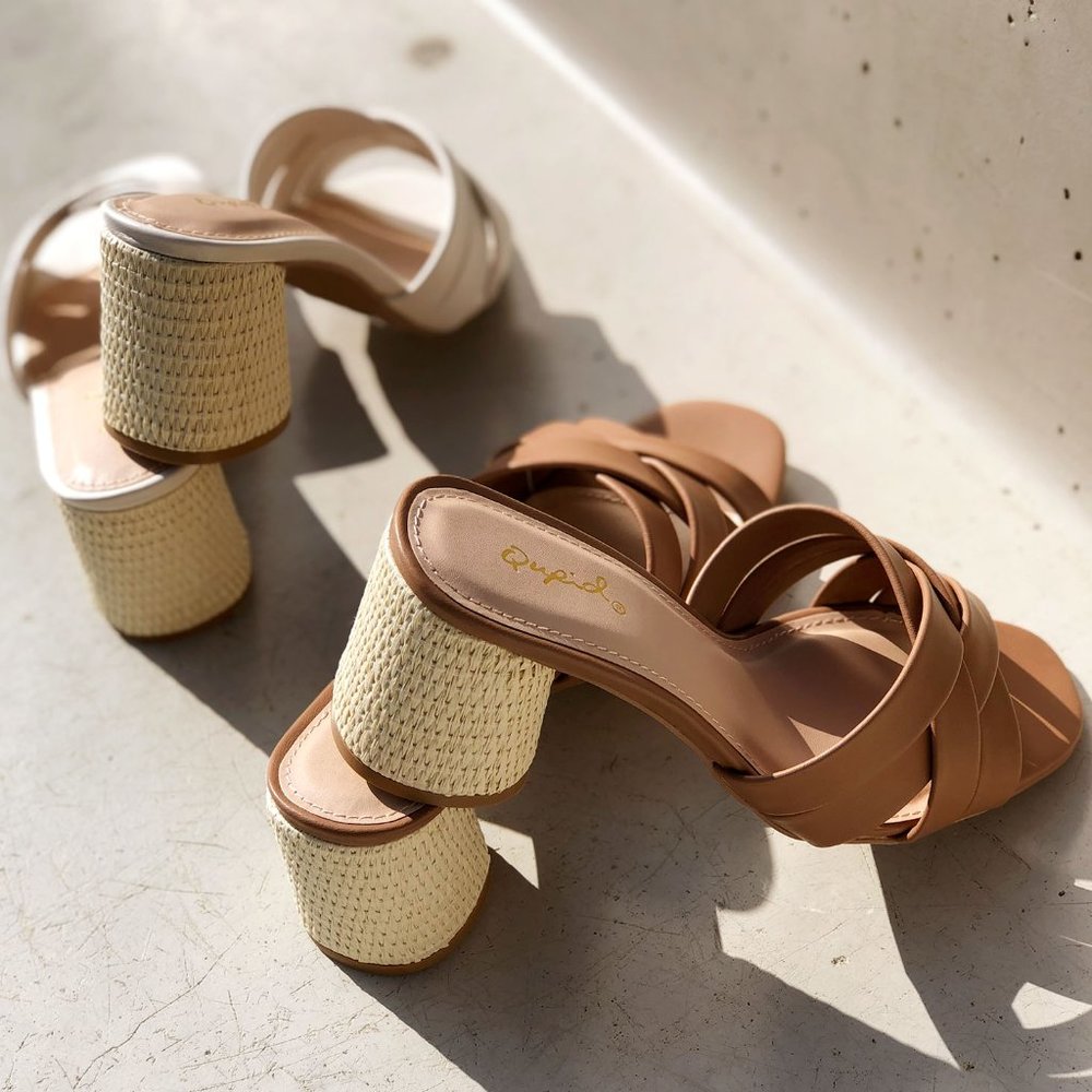 NEW Multi Crisscross Straps Natural Raffia Oval Block Heel Slip On Slide Sandals - Picture 11 of 12